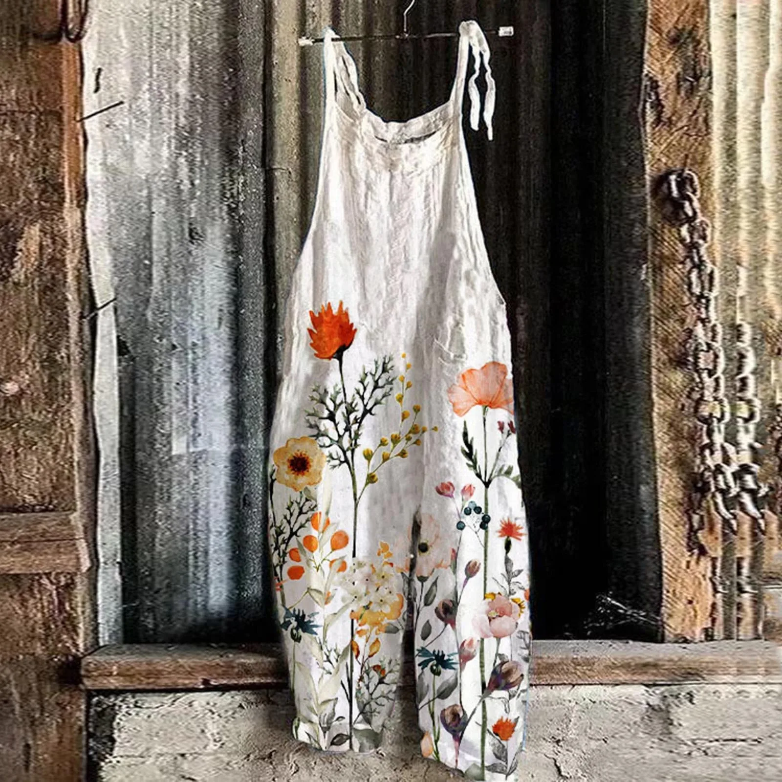 

Women Casual Print Pocket Romper Long Playsuit Adjustable Spaghetti Strap Loose Jumpsuit Jumpsuit for Women Rose