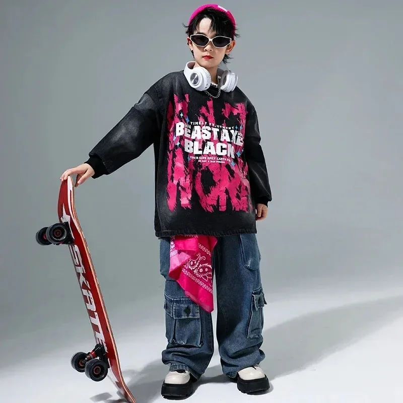 

Hip Hop Kids Sweatshirt Boys Pocket Denim Cargo Pants Girls Street Dance Pullover Streetwear Child Jazz Costume Clothes