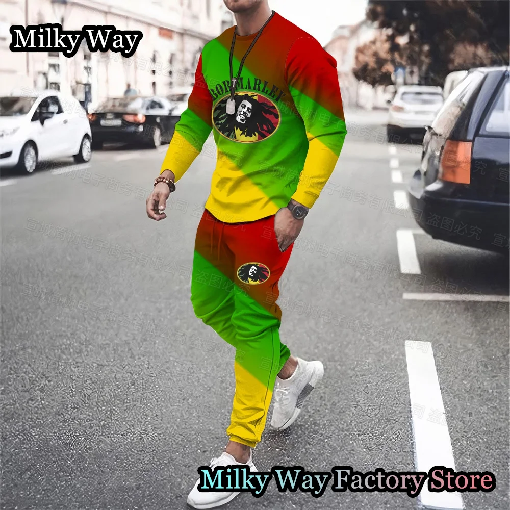 Spring Men Bob Marley Tracksuit Fashion Long Sleeve T-Shirt Trousers Set Male Jogging Suit One Love Print Clothing Casual Outfit