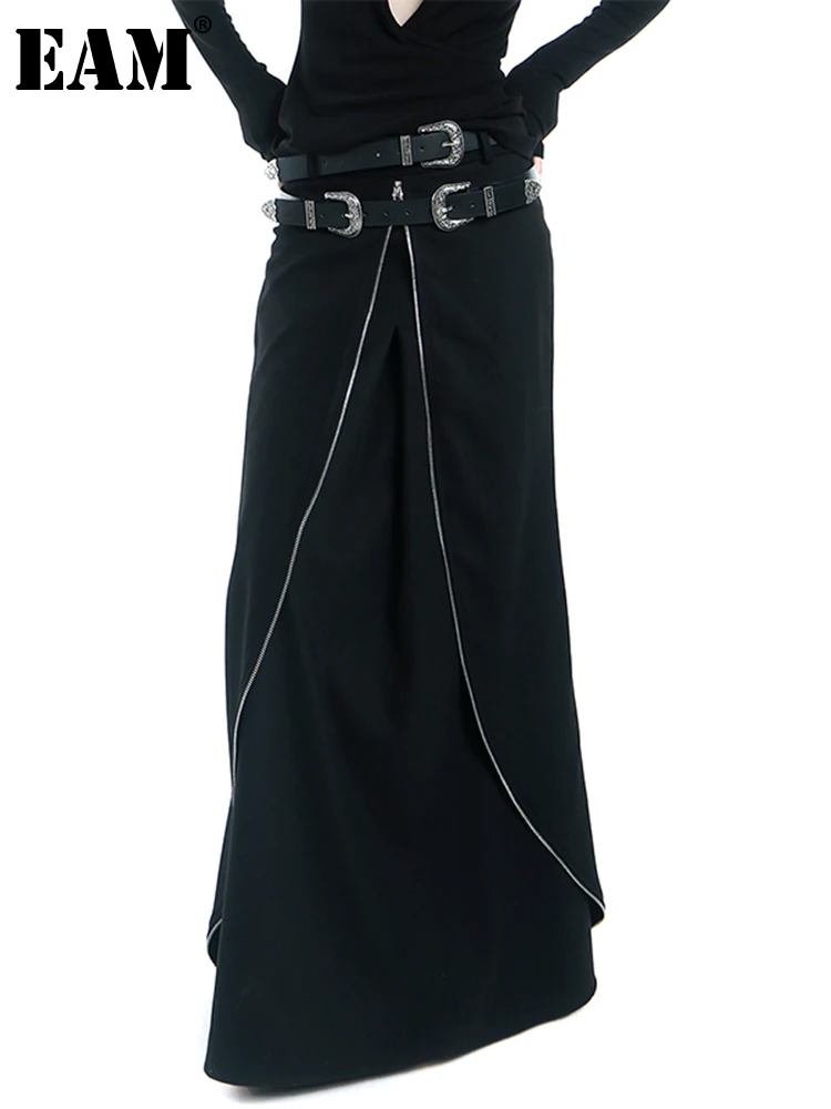 

[EAM] High Waist Black Zipper Vintage Irregular Floor-Length Half-body Skirt Women Fashion Tide New Spring Autumn 2023 1DF3379
