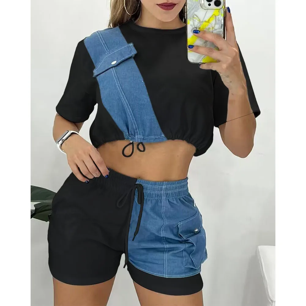

Casual Women Suit 2023 Colorblock Patchwork Crop Top and Drawstring Shorts Set Summer Fashion Street Style Two Piece Set lothing