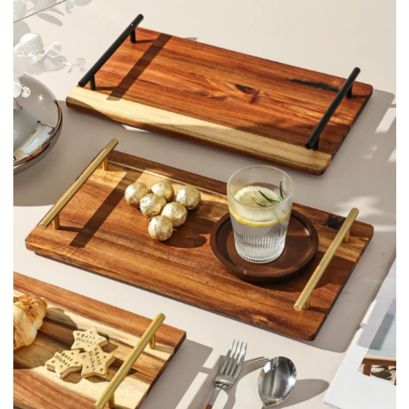 Creative Acacia Wood Rectangular Wooden Tray Metal Belt Handle Household Practical Breakfast Storage Tray Tea Tray