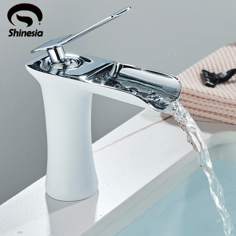 

Shinesia White Chrome Basin Faucet Waterfall Bath Sink Faucet Tap Single Handle Basin Mixer Tap Hot Cold Water Crane