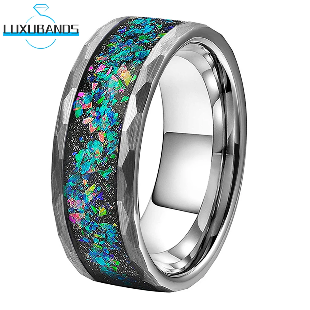 

Black Women Men Tungsten Wedding Ring Multicolor Galaxy Series Opal Chip Inlay Hammered Brushed Finish High Quality Comfort Fit