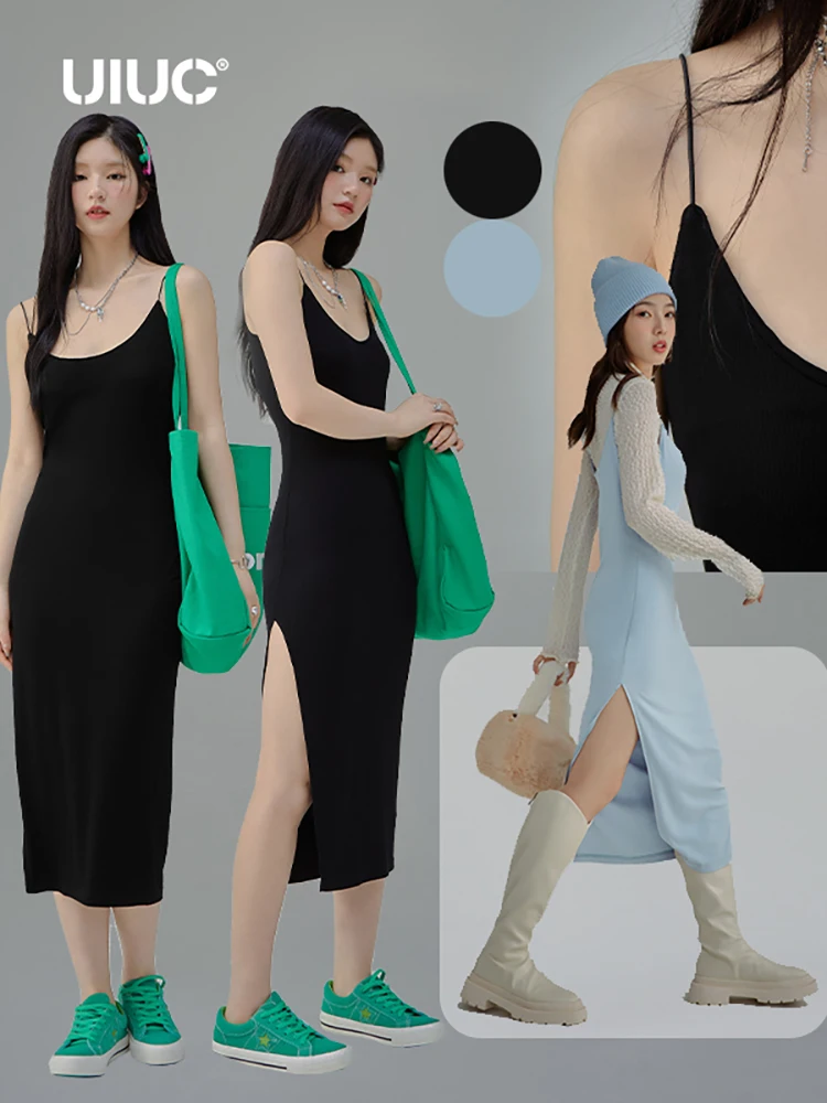 

Женское платье с драпировкой на бретельках UIUC, длинное однотонное элегантное платье с разрезом в Корейском стиле