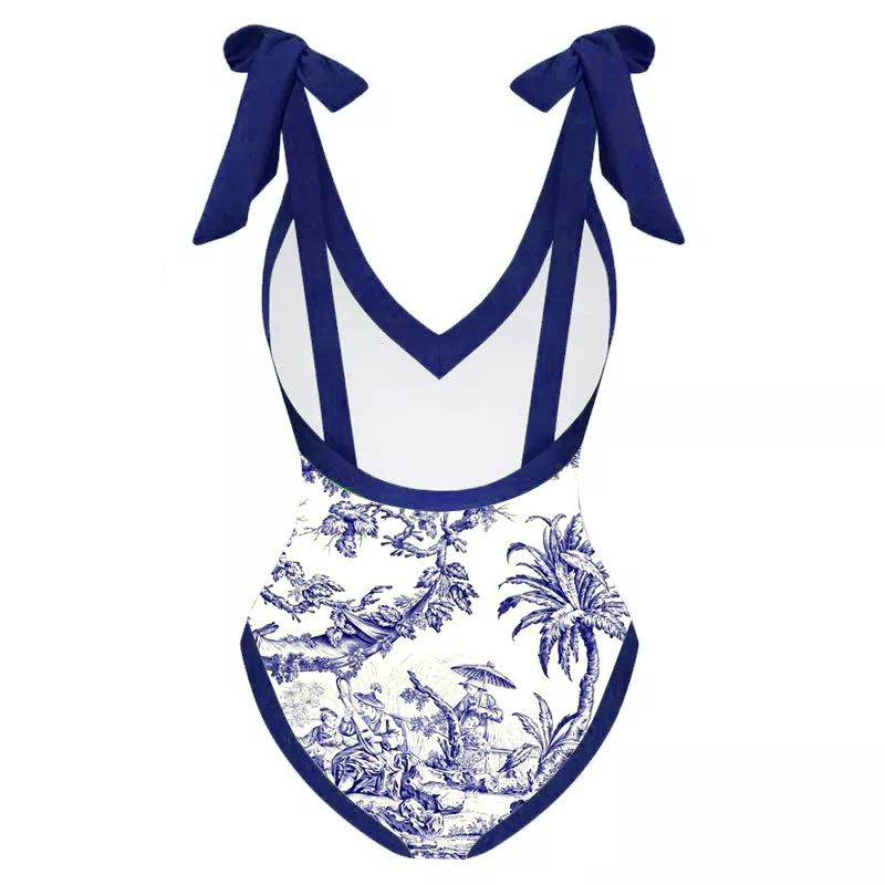 MUOLUX 2023 One-Piece Women Swimsuit Skirt Vintage Print Deep V Bikini Kimono Cover-Up Swimwear Dress Summer Sarong Beach Wear