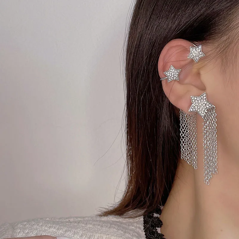 

Ear Clip No Pierced Earrings Temperament Fashion Earrings Female Flashing Star Tassel Ear Bone Clip