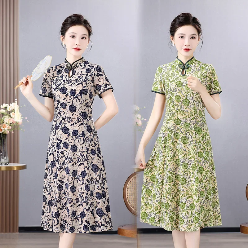 Винтажное улучшенное китайское платье летнее с коротким рукавом для женщин