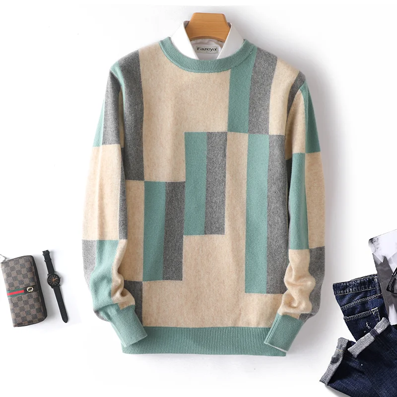 100% cashmere sweater men's round neck  pullover top autumn and winter new fashion square sweater