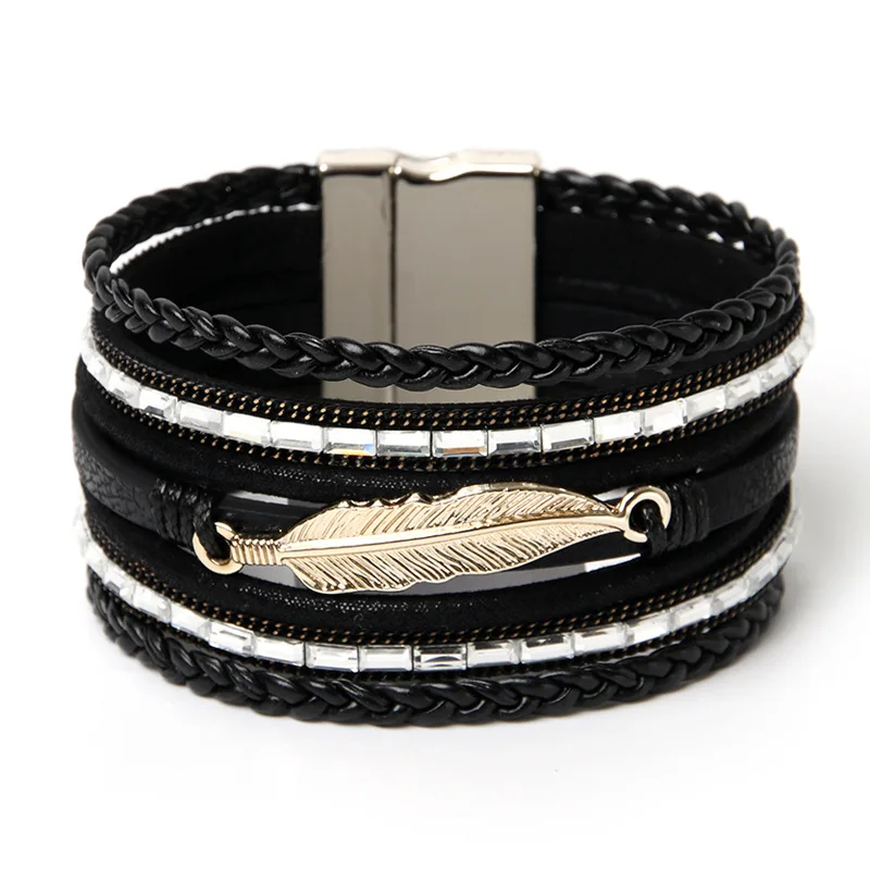 

Kirykle Vintage Leaf Feather Multilayer Leather Bracelet Men Fashion Braided Handmade Rope Wrap Bracelets Female Jewelry Gifts