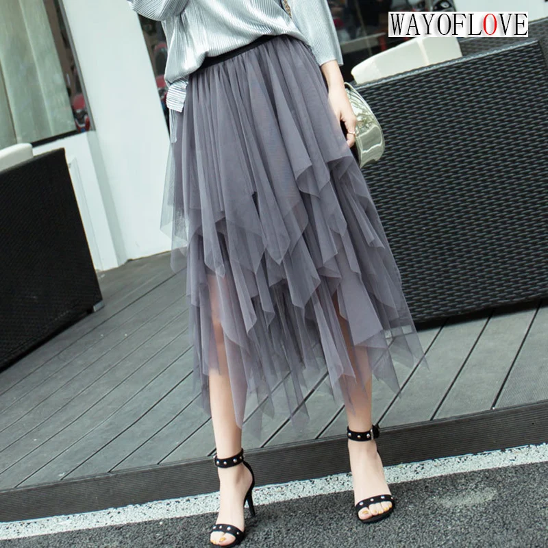 

Женская юбка средней длины WAYOFLOVE, однотонная Асимметричная трапециевидная юбка в сеточку с высокой талией, модная повседневная юбка на лето