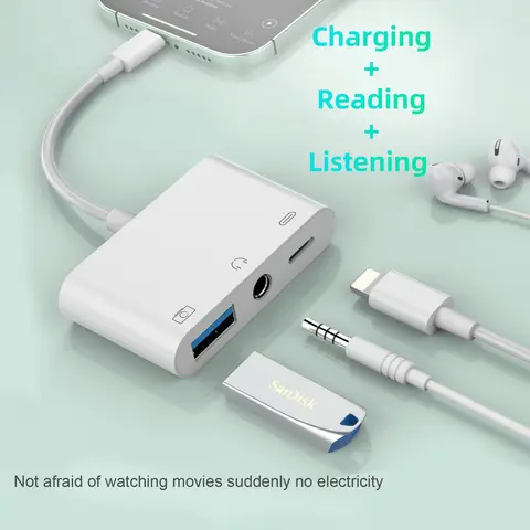 Адаптер Lightning iPhone на USB3 OTG для камеры, разветвитель аудиоразъема для наушников 3,5 мм для iPhone14/13/12/iPad с зарядкой