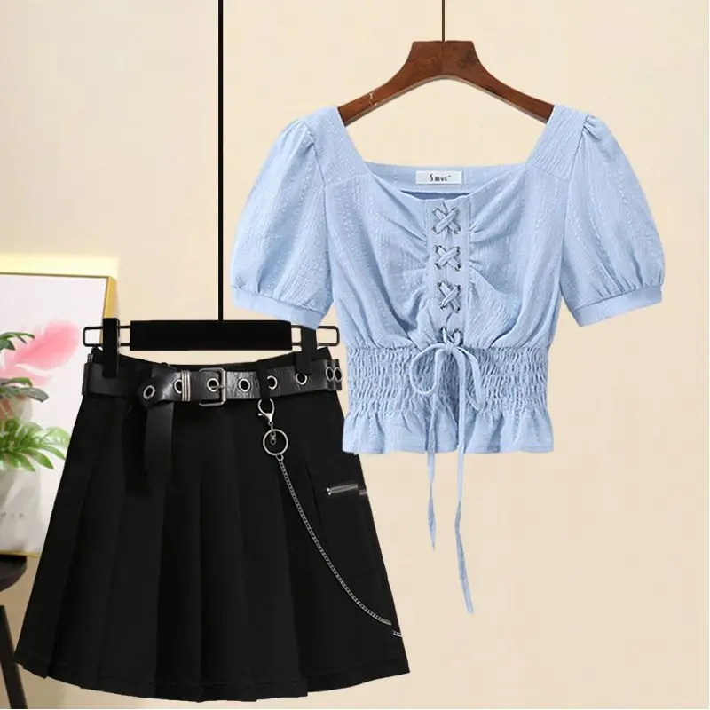 

Women's Clothing Summer Outfits 2023 New Arrival Drawstring Slim Shirt Top High Waist Pleated Skirt Two Piece Set Fashion