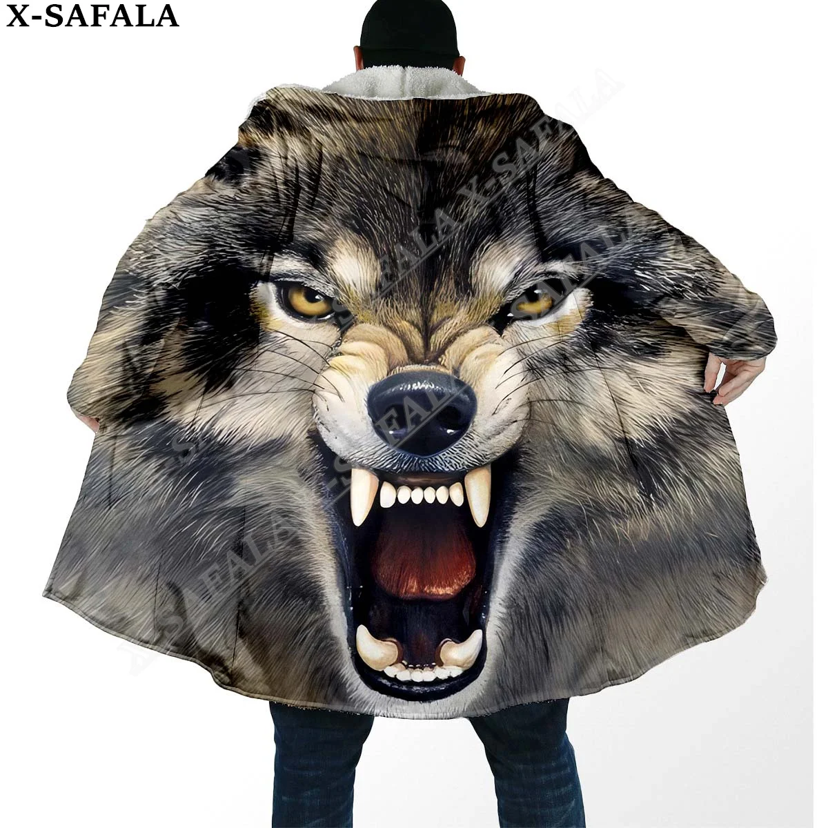 

Плащ мужской зимний с капюшоном и 3D-принтом волка и Луны