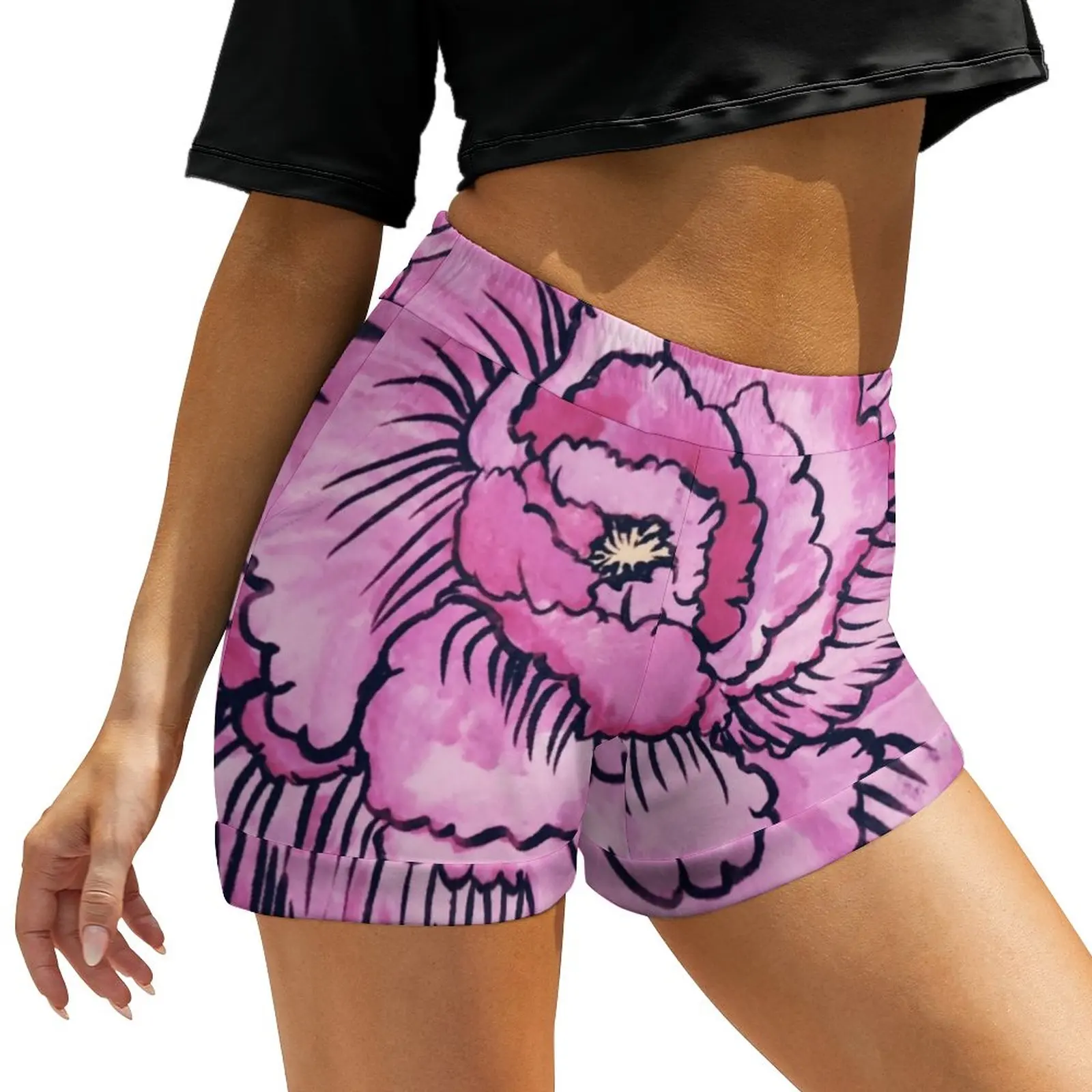 Big Pink Flower Shorts Female Abstract Floral Print Street Style Print Shorts High Waisted Oversize Short Pants Elegant Bottoms