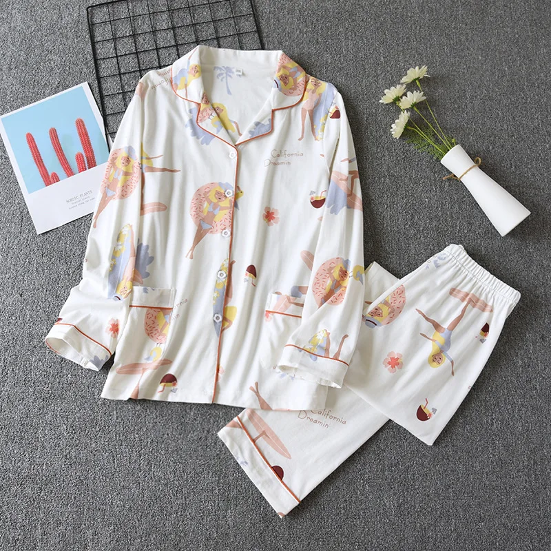 

Spring Autumn Fashion Printed Pajamas Womens Cotton Long-sleeved Trousers Women's Home Wear Female Loose Nightwear Sleepwear