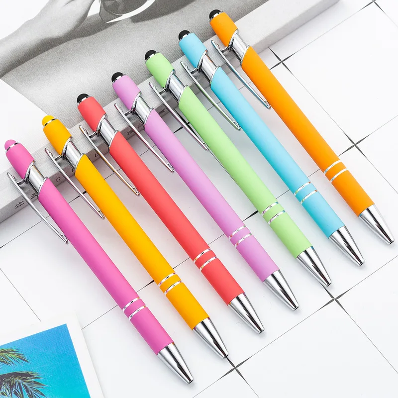

100pcs Spray Plastic Touch Screen Metal Ballpoint Pen Office School Writing Pen Engraved Name Private Laser Customized Logo Pen