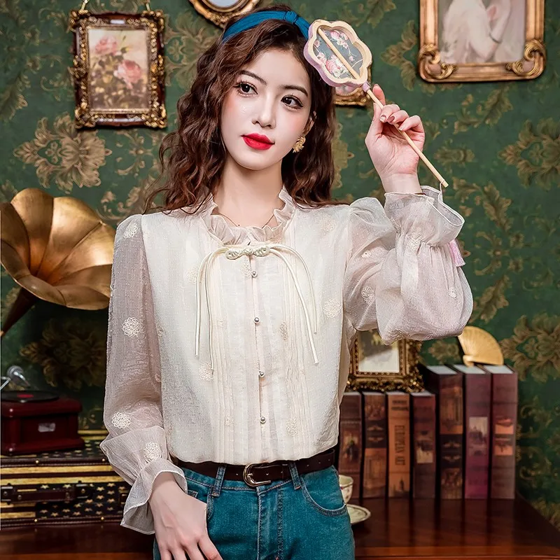 Женская блузка с длинным рукавом элегантная рубашка вышивкой в винтажном стиле