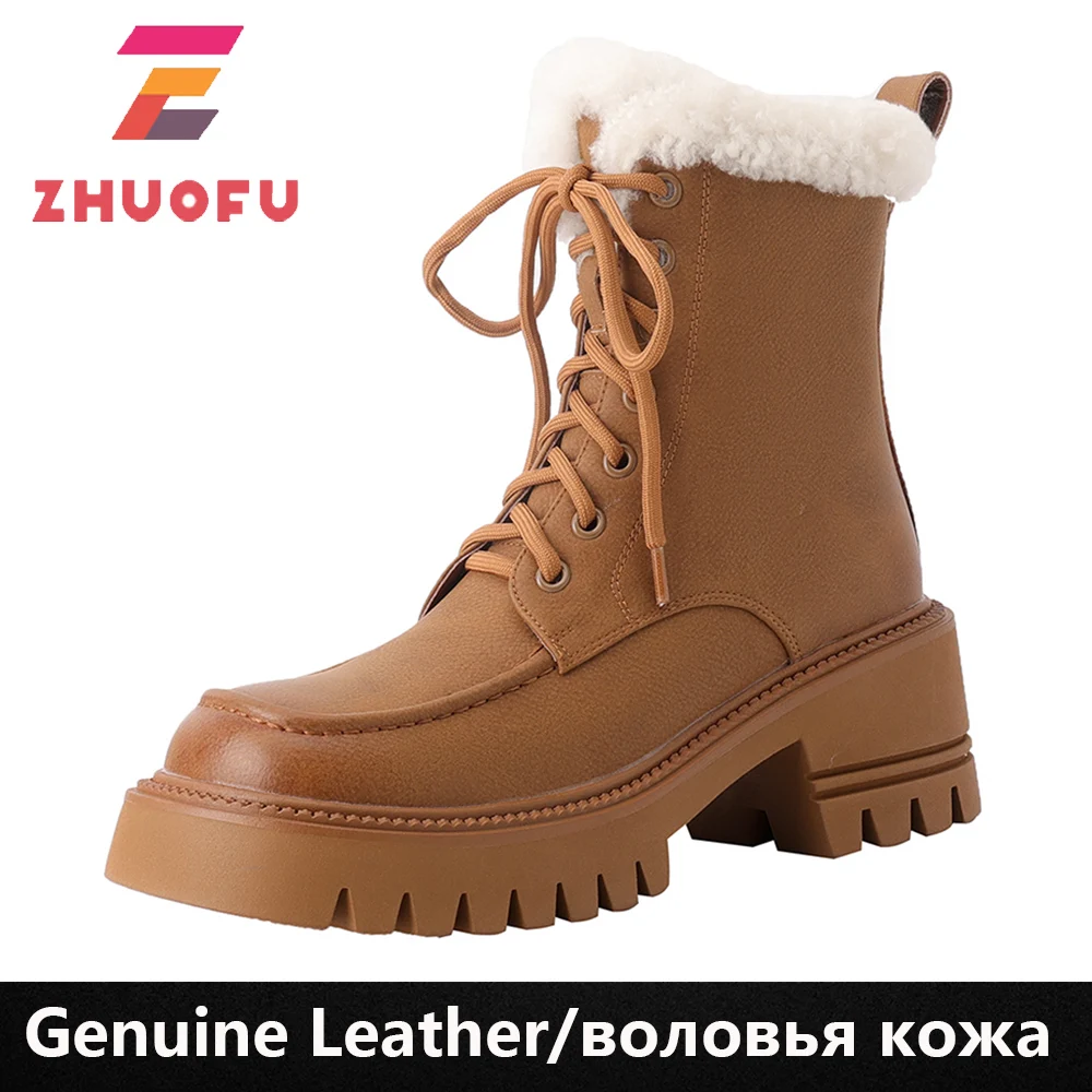 

Женские ботинки на меху ZHUOFU, зимние ботинки из натуральной овечьей шерсти на платформе и блочном высоком каблуке, на шнуровке, размеры 34-41