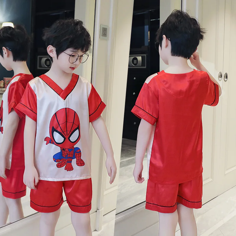 

Spiderman Marvels Children's Pajamas Set Sleepwear Piyamas Ice Silk Home Clothes Silk Children Summer Short Sleeve Suit