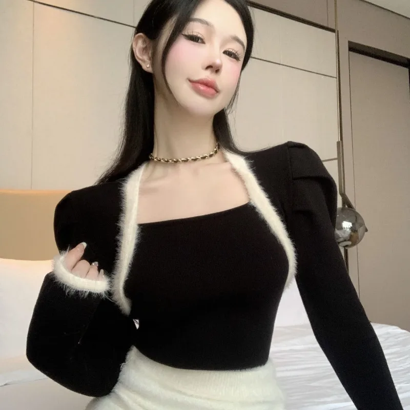 

2023 Jumper Sueter Mujer Vintage Cropped Black Sweaters Women Puff Sleeve Slim Pullover Short Square Sweater Top Knitwear Spring