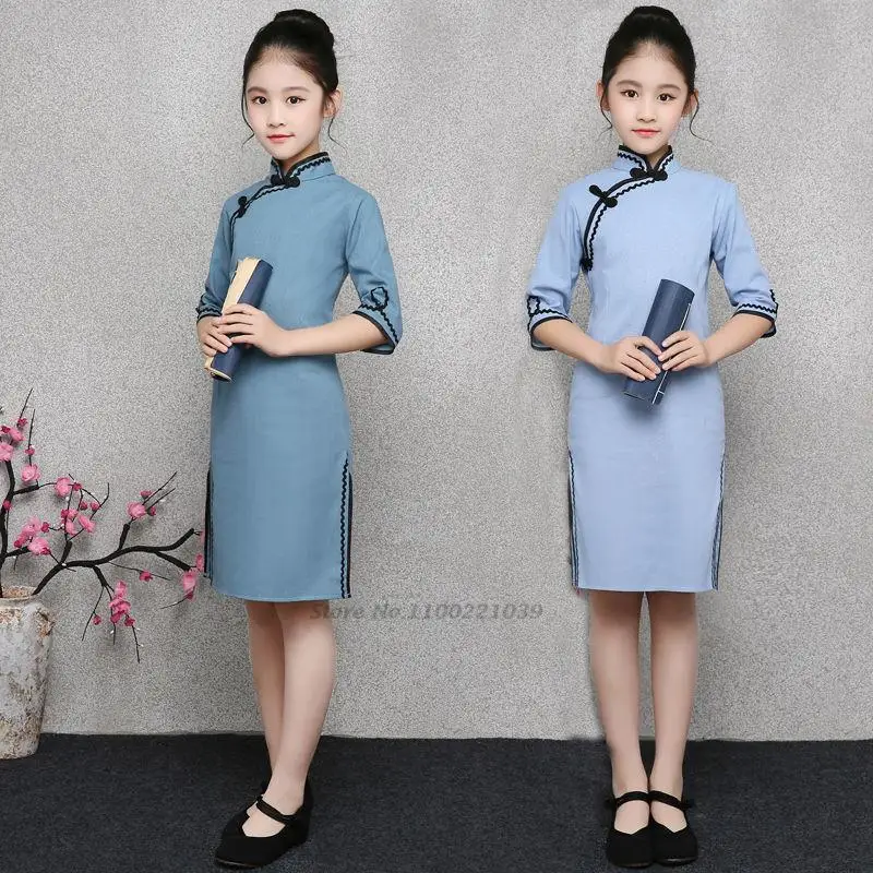 

2022 traditional chinese cheongsam dress girl children qipao cheongsam dress national chinese cotton linen dress oriental qipao