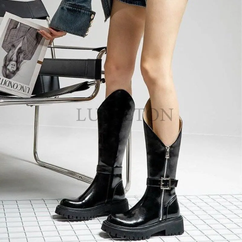 Women Knee High Boots Fashion Platform Buckle Strap Female Long Boot Ladies Soild Retro Side Zip Modern Mid-Calf Boot New