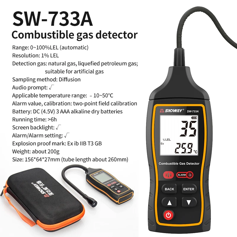 

SNDWAY Combustible Gas Detector SW-733A Propane CO Hexane Methane Leak Indicator Port Natural 0-100%LEL With Alarm Gas Analyzer