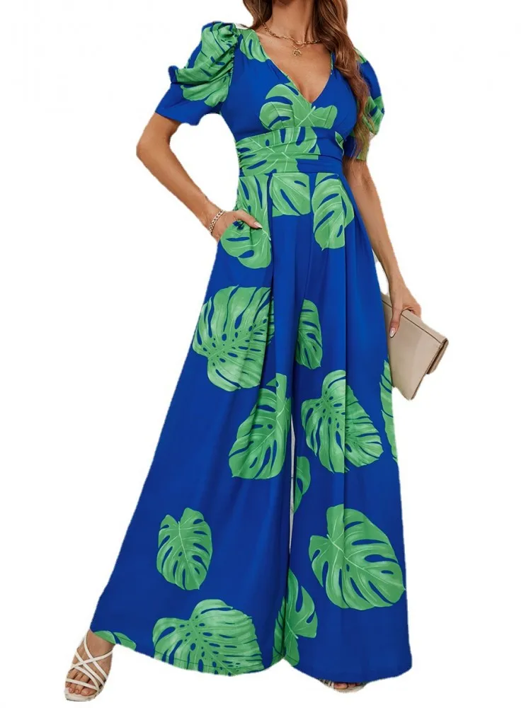 

Женский комбинезон с высокой талией, комбинезон с короткими рукавами и широкими штанинами, Модный комбинезон с V-образным вырезом и принтом, уличная одежда Y2k, цельнокроеный наряд на лето