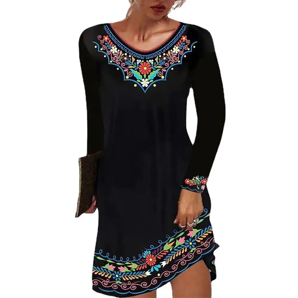 

Attractive Autumn Dress Loose Hem Versatile Ethnic Style Embroidery Print Party Dress Party Dress Mini Dress
