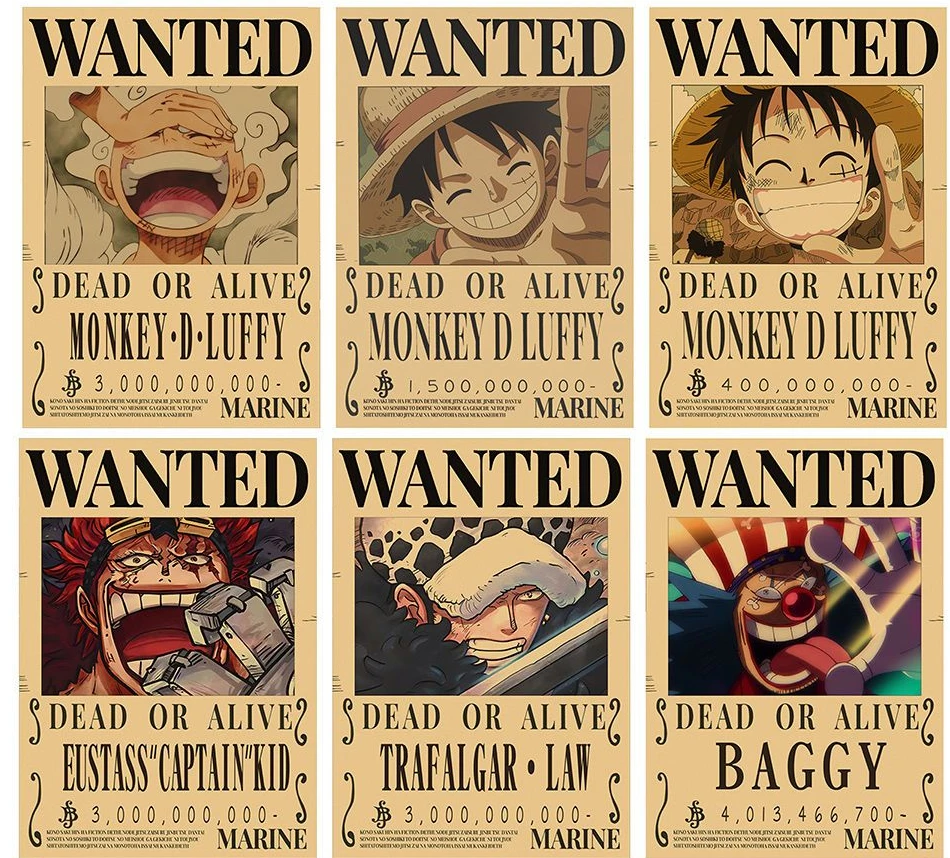 

One Piece Wanted Poster Luffy Bounty Retro Kraft Paper Anime Wall Sticker Dormitory Study Wallpaper Children's Best Gift