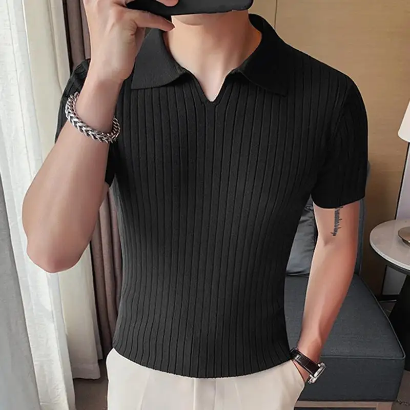 

INCERUN Tops 2022 Korean Style Men's Formal Short Sleeve Shirts Casual Well Fitting Male V-Neck Knit Business Blouse Tops S-5XL