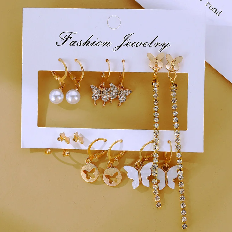 

New Fashion 6pcs Butterfly Earring Set For Women Metal Rhinestone Heart Circle Geometric Piercings Earrings Female Charm Jewelry