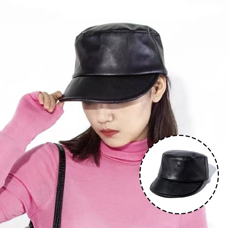 

Lady PU Leather Hat New Fashion Baseball Cap for Women High Quality Retro Newsboy Cap Japan Style Flat Top Leather Gorras