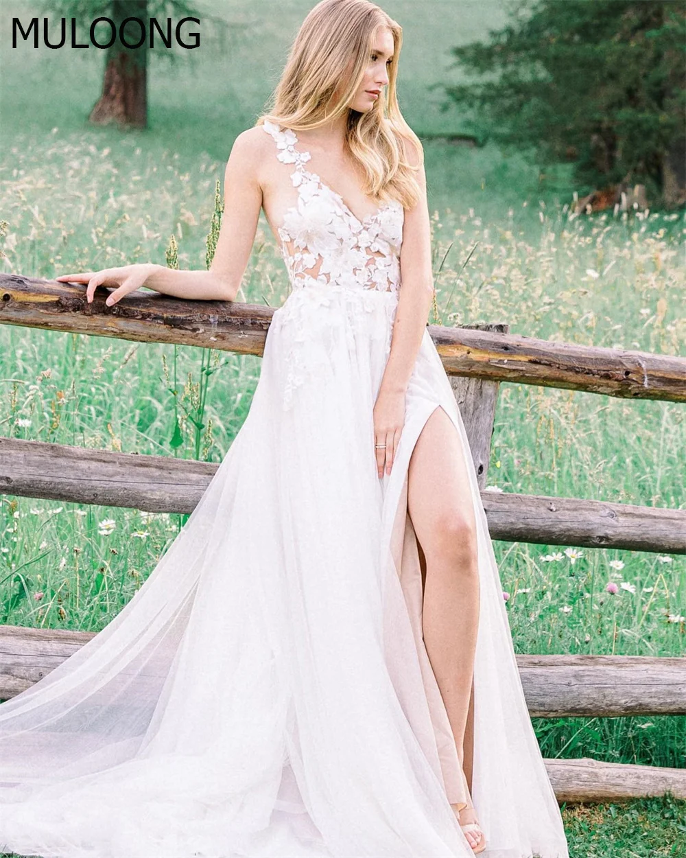 

MULOONG Elegant White Sleeveless Lace Appliques V Neck Spaghetti Strap A Line Wedding Dress High Side Slit Floor Length Gown New