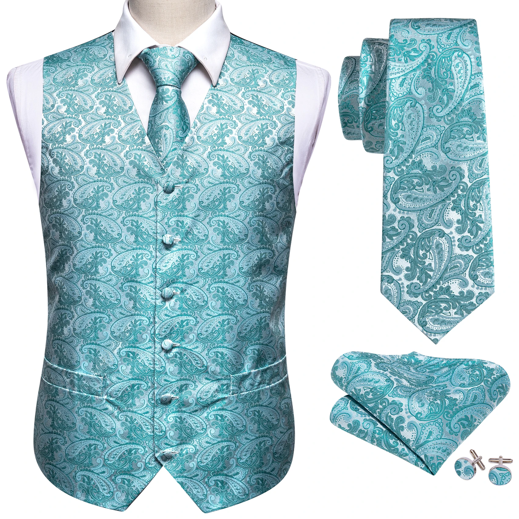 

Men Teal Blue Paisley Suit Vest Silk Waistcoat Formal Paisley Ties Cufflinks Pocket Square Set Tuxedo Male Gift Dobby Barry.Wang