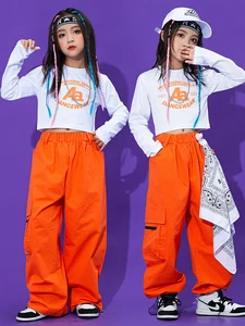 Modern Jazz Dance Clothes For Girls Long SLeeves Tops Orange Cargo Pants Loose Kids Hip Hop Clothing Performance Wear BL9591