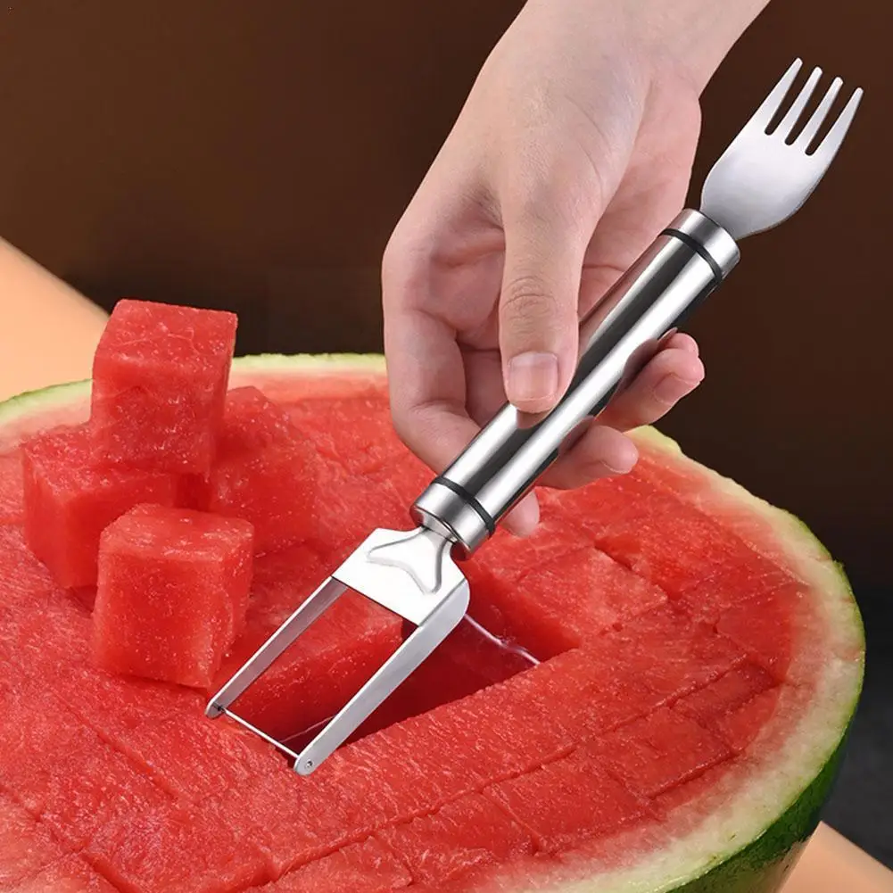 

2-in-1 Stainless Steel Watermelon Cutter Watermelon Fork Slicer For Cutting/eating Watermelon Fruit Cutting Knife Tableware B7l9