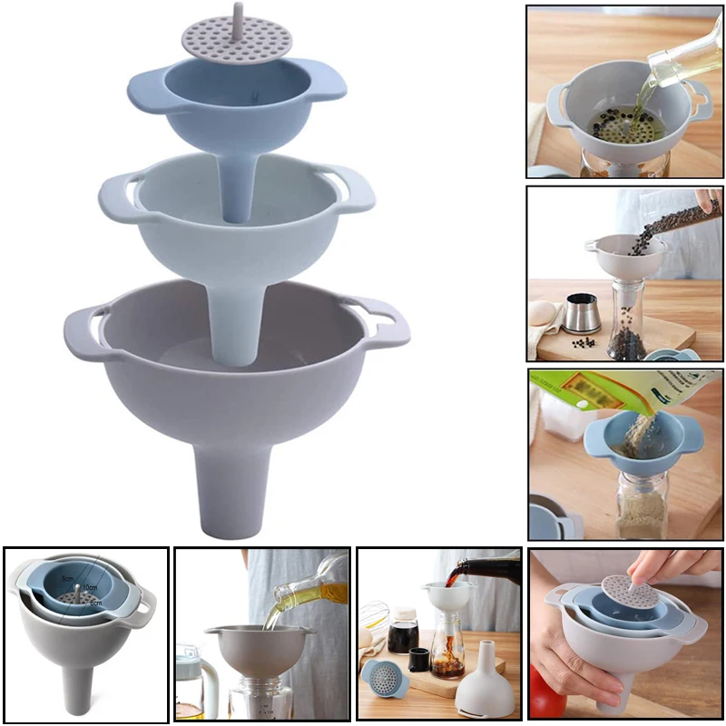 

4-in-1 Funnels Set Oil Funnel Strainer Kitchen Tools Oil Water Spices Wine Flask Filter Funnel Plastic Kitchen Accessories