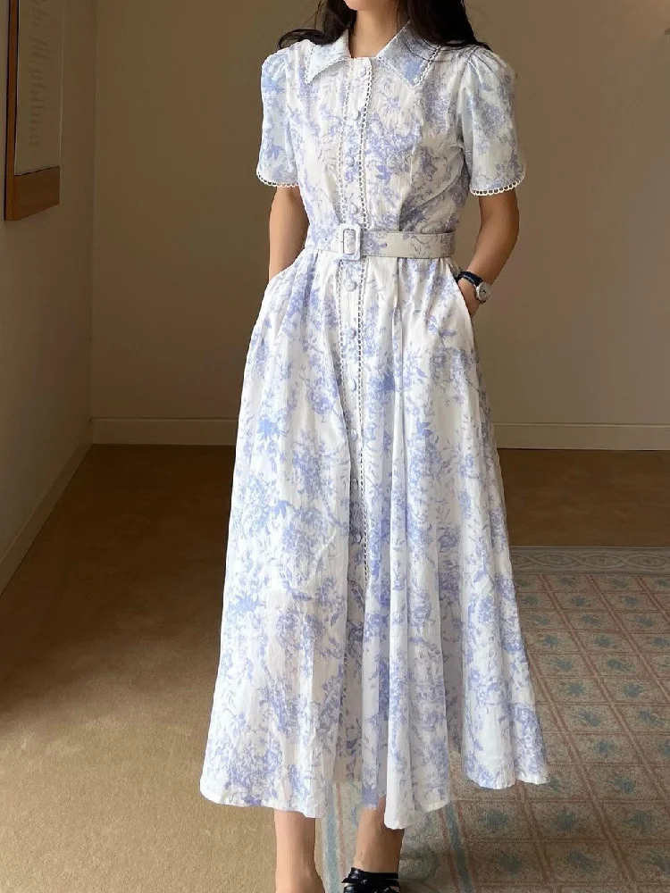 

Korean Fashion Printed Dresses for Women Summer Short Sleeve Lapel Single Breasted High Waist A-line Long Dress with Belt