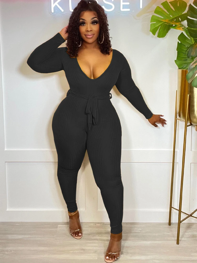 Sexy Deep V Neck Long Sleeve One Piece Overall Simple Body-shaping Fitness Outfits Autumn Winter Stretchy Ribbed Skinny Jumpsuit