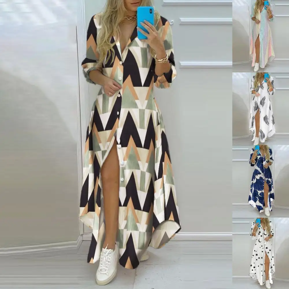 

Women Dress Colorful Stripe Print Single-breasted Spring Summer Irregular Hem Lapel Dress for Office Casual Loose Dresses 2022
