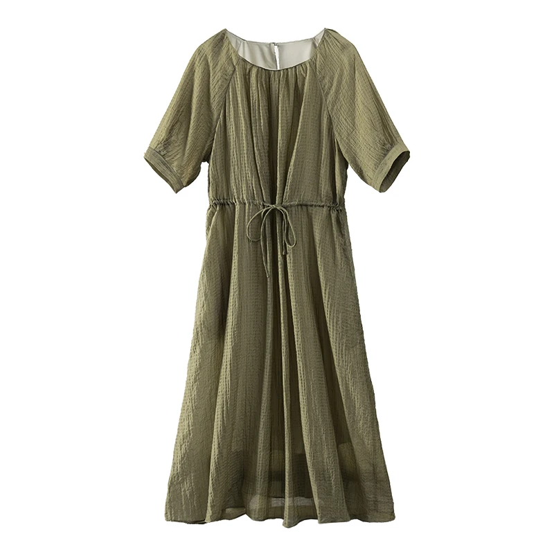 

Draw String Summer Dress Women Lyocell Nylon LOOSE A-LINE Mid-Calf Raglan Sleeve O-Neck Vestido Largo Elegante Para Fiesta