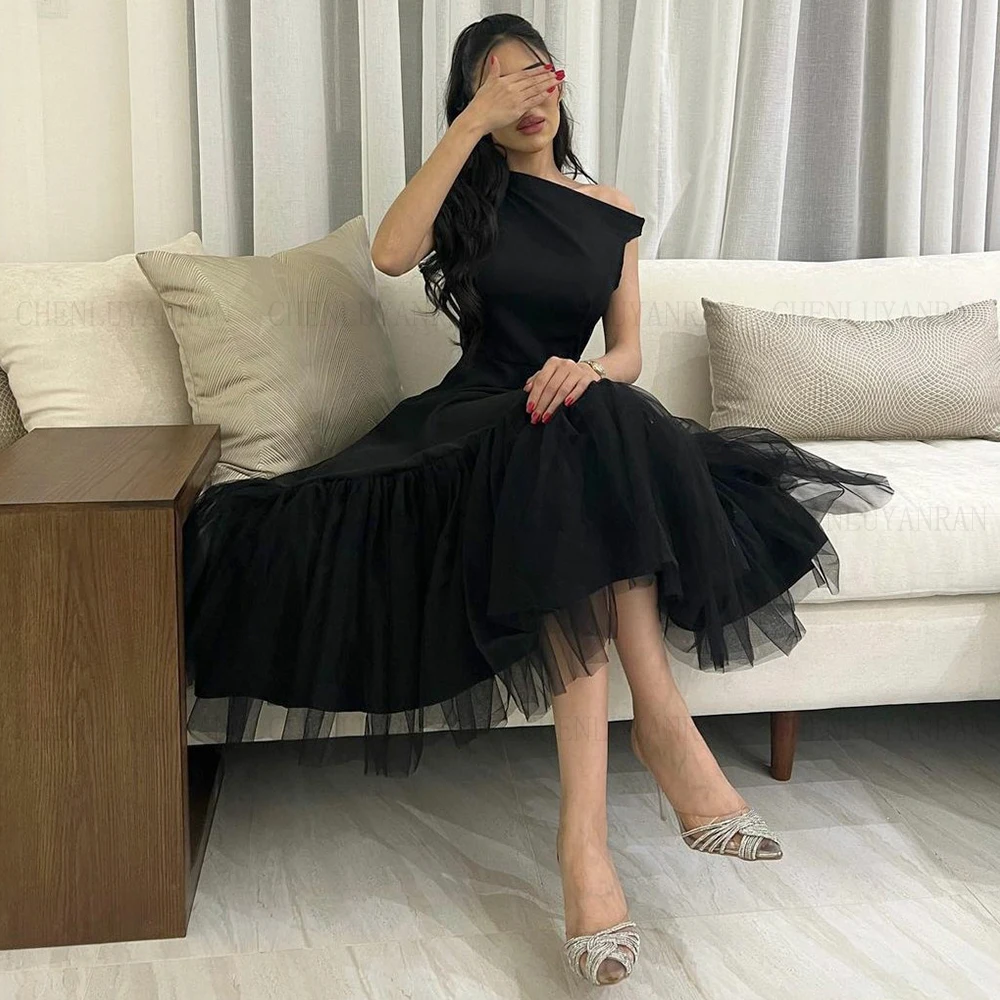 

Элегантное короткое черное вечернее платье на одно плечо, ТРАПЕЦИЕВИДНОЕ Тюлевое платье длиной ниже колена, женское Деловое платье для выпускного вечера