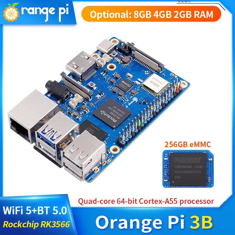 Orange Pi 3B 8GB 4GB 2GB RAM Rockchip RK3566 WiFi5+BT 5.0 Gigabit LAN Port Single Board Run Android Linux OpenHarmony OS Mini PC