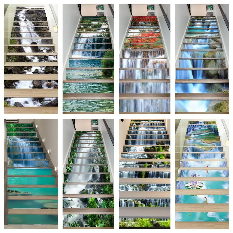 

6/13pc Green Waterfall Stair Stickers Adhesive Vinyl Interior Staircase Decor Decal Riser Stairs Sticker Wallpaper Home Design