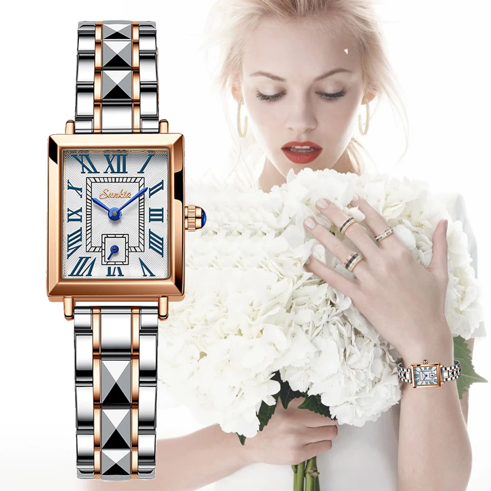 

2021 LIGE Brand SUNKTA Women Watches Fashion Square Ladies Quartz Watch Bracelet Set Dial Simple Rose Gold Luxury Women Watches