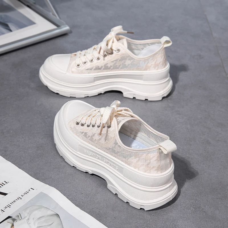 2023 Summer Lace Breathable Shallow Mouth White Shoes Women's Thick-bottomed Hidden Heel Casual All-match Sneakers Pink