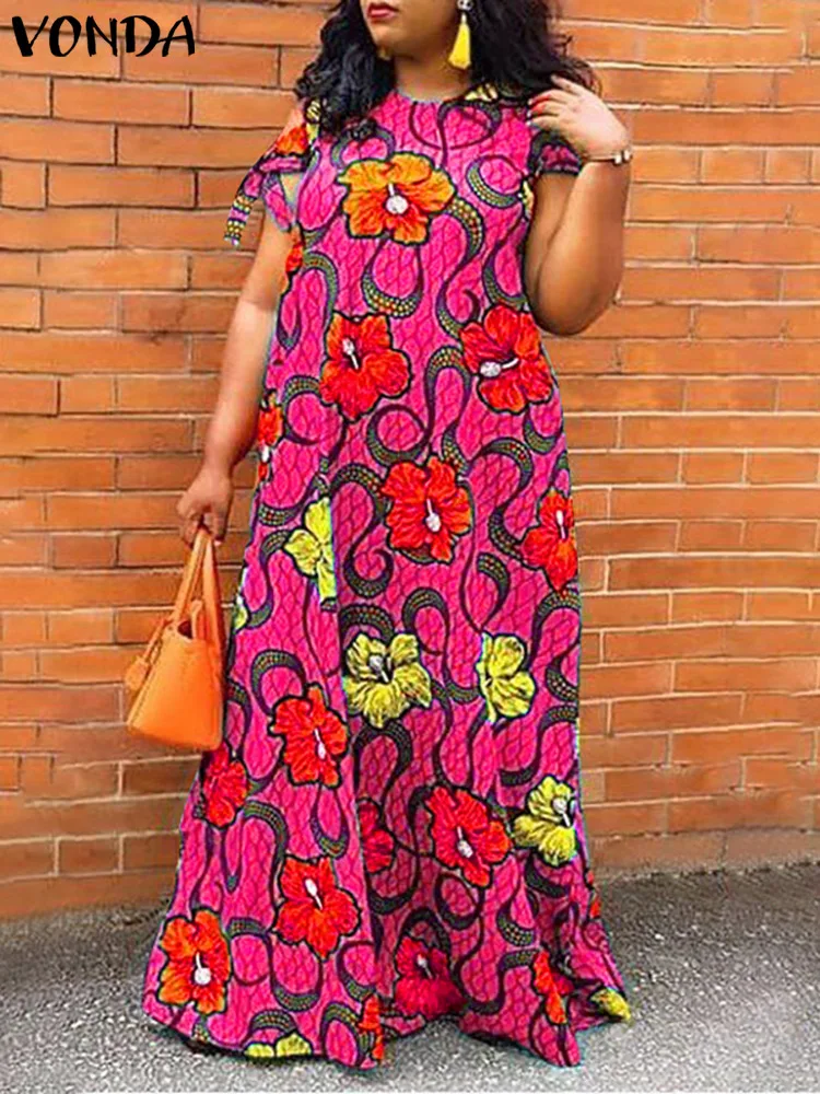 

VONDA Bohemian Maxi Dress 2022 Women Party Floral Printed Dress Robe Femme Casual Sexy Sleeveless Bandage Pleated Beach Vestido