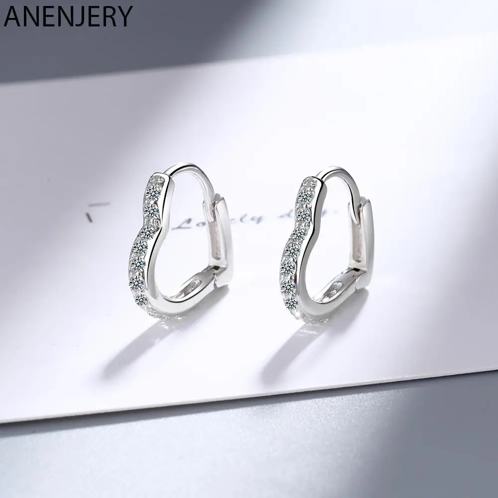 

ANENJERY 925 пробы серебряные серьги из гипоаллергенного циркония в форме сердца маленькие серьги-кольца для женщин S-E1069